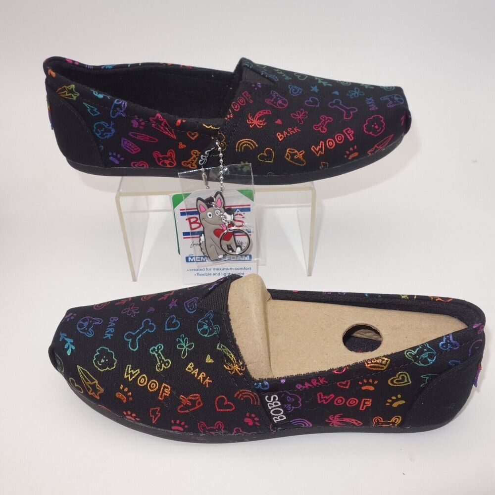 New Skechers BOBS Bone & Collar Black Dog Print Plush Slip On Shoe Women's 5
